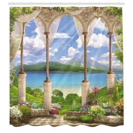 Ambesonne İtaliano Cortina de Baño, Arco de Piedra del Balcón, Paño Conjunto de Decoración de Baño de Tela y Ganchos, 84" Extra Alta, Multicolor