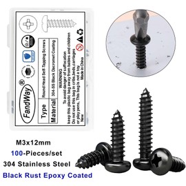 FandWay 100Pcs Self Tapping Screws Black,M3x12mm Small Wood Screws 304 Stainless Steel,Pan Head Self Drilling Screw,Round Head Sheet Metal Screw Phillips Drive for DIY WoodWork Repairs.