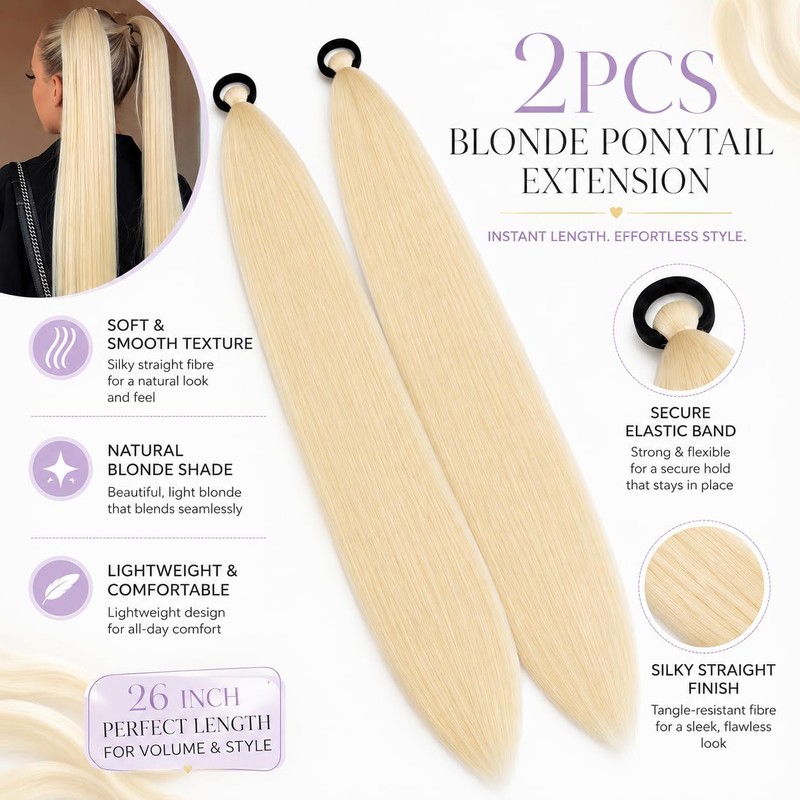 2 Pieces Blonde Ponytail Extension, 26 Inch Straight Braiding Hair,