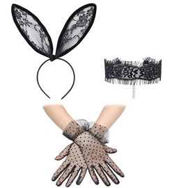 Women Bunny Costume Set Lace Rabbit Ears Headband Hairband Necklace Choker Dot Gloves Costume Accessories
