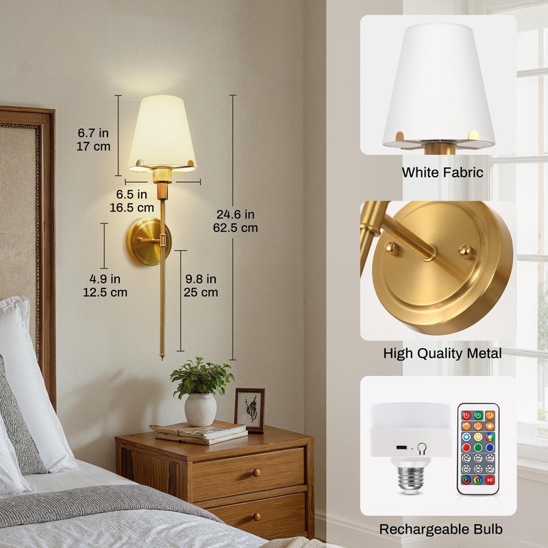 DORESshop Gold Battery Operated Wall Sconce, 24.6in, Set of Two