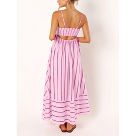 chouyatou Women's Striped Back Smocked Maxi Dress Sexy Spaghetti Strap Cut Out Flowy Swing Long Dress (X-Small, Pink)