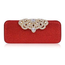 Day of Saturn Women's Medium Clutch Shiny Handbag Rhinestone Evening Bag, red, M