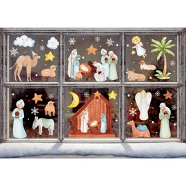AnyDesign 6 Sheet Christmas Window Clings Watercolor Nativity Scene Window Decal Holy Jesus Double-Sided Xmas Snowflake Window Decor Reusable for Home School Nursery Office