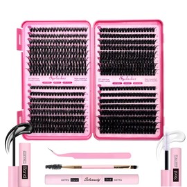 Selawasty DIY Lash Extension Kit 632pcs Individual Lashes Clusters D Curl Eyelash Extensions Kit with Lash Bond and Seal Tweezers Brush Lash Books DIY at Home (9-16mm,40D+50D+60D+80D,KIT)