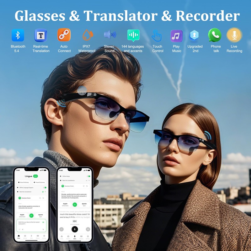SurPonzin Smart Glasses Pro: 110-Language Real-Time Translator, Bluetooth 5.4, Frameless