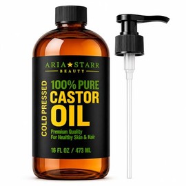 Aceite de Ricino Extracción en Frío Aria Starr - 16 FL OZ – EL MEJOR Y 100% PURO Aceite capilar para el crecimiento del cabello, cara, humectante para piel, cuero cabelludo, pestañas y cejas más gruesas.