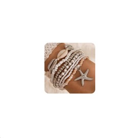 Nayyana 7 Pieces Shell Bracelets for Women, Boho Multilayer Pearl Bracelets, Starfish Bracelets, Shell Bracelets, Summer Beach Bracelets, Jewellery Accessories for Women - Silver