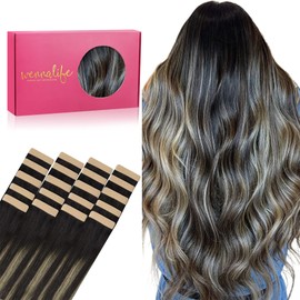 WENNALIFE Tape-in Extensions, Real Hair, Set of 20, 50 g, 60 cm/24 Inches, Balayage Natural Black to Light Blonde, Remy, Invisible Tape, Silky Straight, Skin Weft Tape Ins