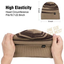 Wmcaps Men's Winter Hat, Thermal Winter Beanie Hat for Men and Women, Soft Wool Hat with Cuffs, Striped Knitted Hat, Warm Running Hat, Stretchy Thick Plush Ski Hat for Men, khaki