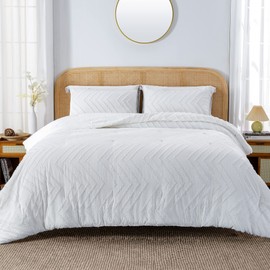 Litanika White Comforter King Size Set with Sheets - 7 Pieces Boho Bed in a Bag Chevron Tufted Complete Beddding Sets Lightweight All Season Bed Set with Comforter, Sheets, Pillowcases & Shams