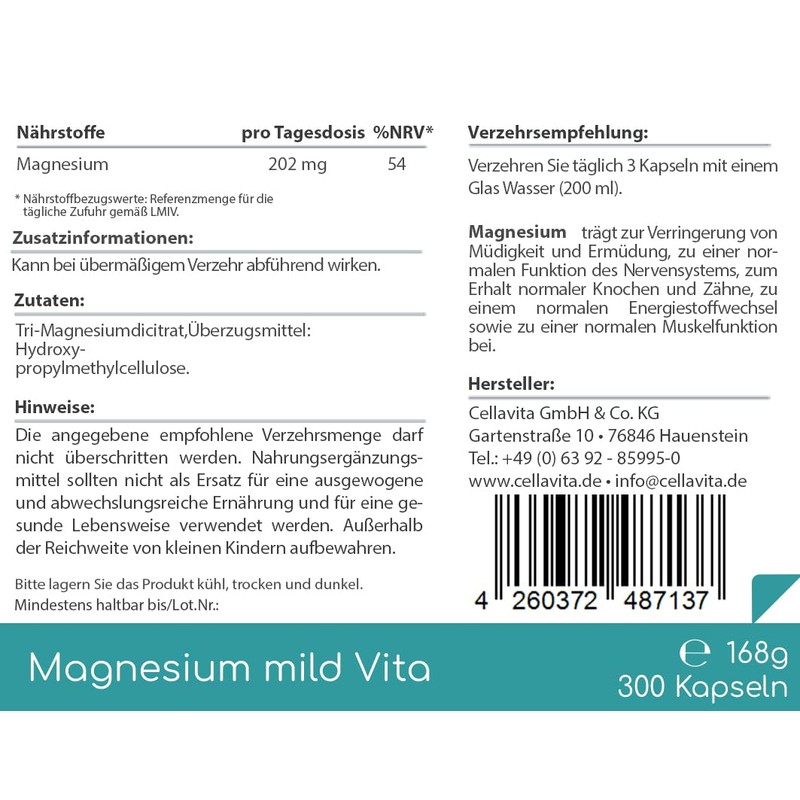 Cellavita Magnesium Vita 'mild' Good Bioavailability Vegan Capsule Case Made
