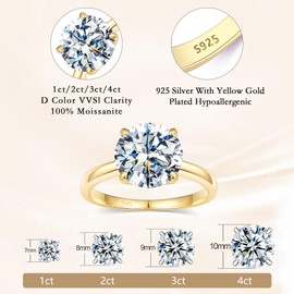 BAGUTTA PAVONE 4CT Round Moissanite Engagement Ring 18K Yellow Gold Plated S925 Sterling Silver Ring Solitaire Moissanite Promise Ring for Her,D Color VVS1 Anniversary Wedding band Ring Size 8