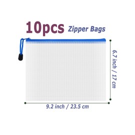 AUSTARK 10 Pcs Zipper File Bags, Waterproof Plastic Mesh Pouch for Office School, Board Game Storage Bags (A5 Size 9.2''x6.7'', White and Blue)