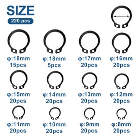 Snap Ring Assortment Kit External Circlip Snap Retaining Clip Rings,Carbon Steel C-Clips External Retaining Ring Shop Set,220PCS,Size 8mm to18mm