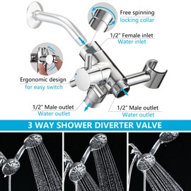 PDPBath Solid Brass Shower Arm 3 Way Shower Diverter Valve for Hand Held Showerhead and Fixed Spray Head, G1/2 Universal Connection - Chrome