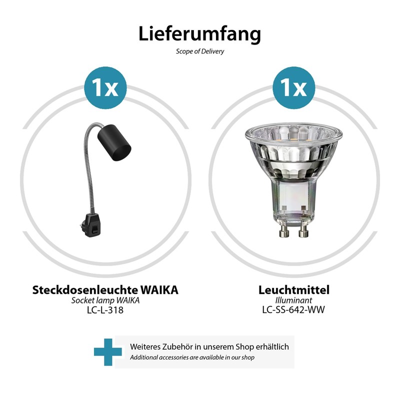 ledscom.de WAIKA GU10 Socket Lamp Gooseneck Switch Black Includes GU10