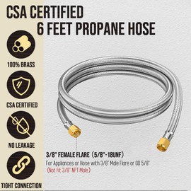 6 Feet 3/8" Propane Hose Extension with Female Flare on Both Ends, stainless steel Braided 3/8 inch Propane Gas Line Extension Hose with 3/8" Female Flare Nuts, Supply Line Extension