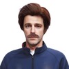 FantaLook Short Brown 70s Cosplay Wig with Sunglasses and Mustache
