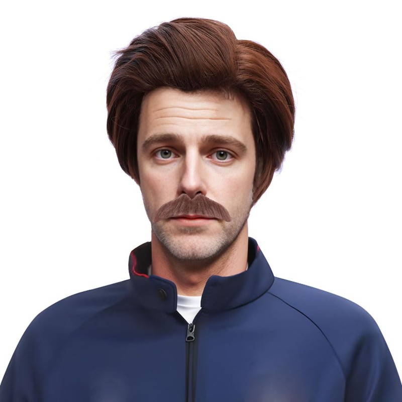 FantaLook Short Brown 70s Cosplay Wig with Sunglasses and Mustache
