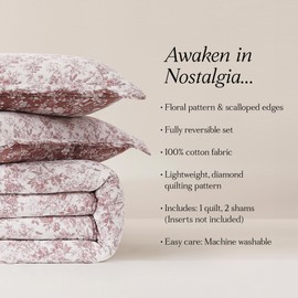 Lush Decor Peony Toile Reversible Cotton Quilt 3 Piece Set King/Cal King Rosewood - Floral Quilt - Pink Bedding Set - Scalloped Edge - Coquette Decor