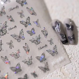 JFIYUOMCI 2 Sheets Butterfly Nail Stickers, 5d Embossed Nail Art Stickers, Black Aurora Butterfly Nails Design, Self-Adhesive Nail Decals for Manicure Tips Decoration Supplies