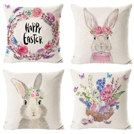 KOIROI Pack of 4 Easter Cushion Covers, 45 x 45 cm Easter Decoration Linen Cushion Cover, Easter Bunny Cushion Cover, Spring Holiday Cushion Cover Decoration for Easter Home Decoration Party Supplies