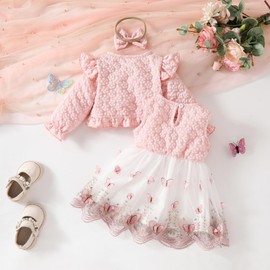 OMEWEE 3PCS Infant Girl Fall Outfits Floral Cardigan Butterfly Dress with Headband Long Sleeve Bolero Baby Girl First Birthday Outfit Photo Shoot Winter Casual Clothes Light Pink 6-9 Months