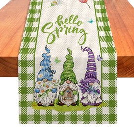 YOVOYOA Hello Spring Gnomes Green Buffalo Plaid Table Runner 72 Inches Long, Gnome Decorations for Home, Burlap Spring Easter Floral Table Decor for Kitchen Farmhouse Indoor Outdoor Home Party