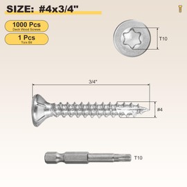 METALLIXITY Deck Screws (#4x3/4") 1000Pcs, Carbon Steel Wood Screw Decking Screws with T10 Torx Drive Head - for Wood Fence, Table, Silver