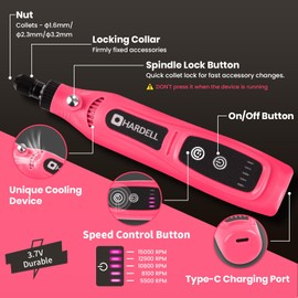 HARDELL Mini Cordless Rotary Tool, 5-Speed Rotary Tool Kit with 43 Accessories, Type-C Charging Power Rotary Tool for Engraving, Sanding, Polishing, Drilling, Grinding, Small DIY Crafts (Pink）