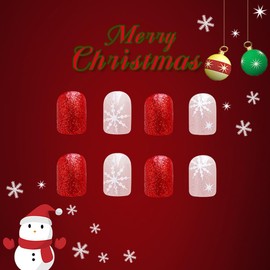 Glitter Snow Christmas Press on Nails Short Square Fake Nails Glossy Xmas Winter False Nails with Pink Snowflake Red Design Reusable Stick on Nails Glue on Nails Acrylic Artificial Nails for Women 24