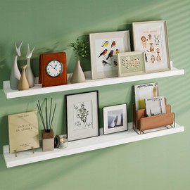 FLYJOE Floating Picture Ledge Shelves 48 Inch Solid Oak Wood Set of 2, Rustic Wall Storage Shelves with Lip, Kids Bookshelf, Photo & Picture Ledge Shelves for Bedroom, Living Room, Kitchen