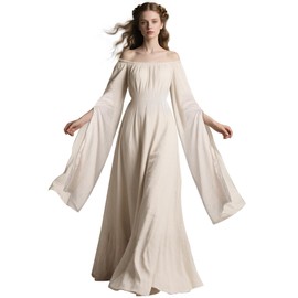 L'VOW Women's Renaissance Victorian Dress Medieval Irish Fairy Dresses Bell Sleeve Scarlet Costume(Apricot,L)