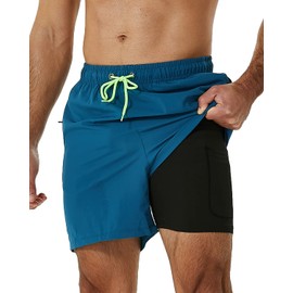 SILKWORLD Traje de baño para hombre con forro de compresión 2 en 1 de secado rápido con bolsillos con cierre, Azul eléctrico, XX-Large