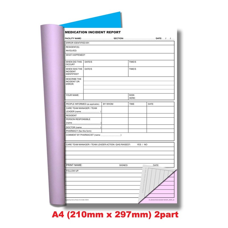 Carbonless Medication Incident Record NCR Duplicate Book A4 50 Sets