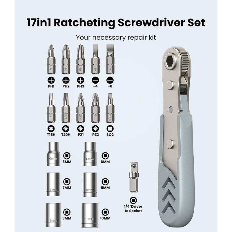 AXTH 17in1 Right Angle Ratcheting Screwdriver Set, [Bearing Steel] 36-Tooth