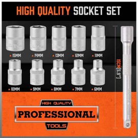 HORUSDY 12-Pieces 3/8" Ratchet Socket Wrench Set, Drive Socket Set, 6mm -15mm Sockets and, Quick Released Ratchet Handle and 15 cm Extension Bar