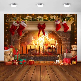Avezano Christmas Fireplace Backdrop for Photography Xmas Fireplace Red Brick Wall Backdrop Decorations Merry Christmas Holiday Family Party Supplies Photo Booth Props (7x5ft)