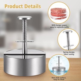304 Stainless Steel Burger Press, 4.5" Hamburger Patty Maker, Heavy Duty Stainless Steel Burger Press for Ground Beef, Burgers, Dishwasher Safe