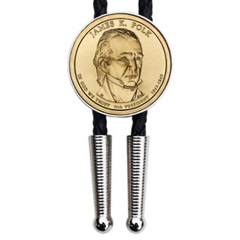 2009 Presidential Dollar BU Uncirculated Coin Simple Slide 36" black Leatherette Cord Silver Bolo Tie NEW - James K. Polk (1845-1849 Years Served)