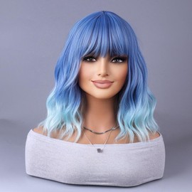 AneShe Short Wavy Blue Ombre Bob Wig with Bangs Short Curly Wavy Ombre Blue Wigs for Women Shoulder Length Wig Synthetic Fiber Blue Wig for Party Daily Use