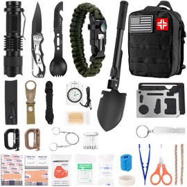 Emergency Survival Kit First Aid Kit, 121Pcs Tactical Gear Camping Gear Emergency Supplies with MOLLE Pouch, Stocking Stuffers for Men Camping Hiking Hunting Outdoor Adventure