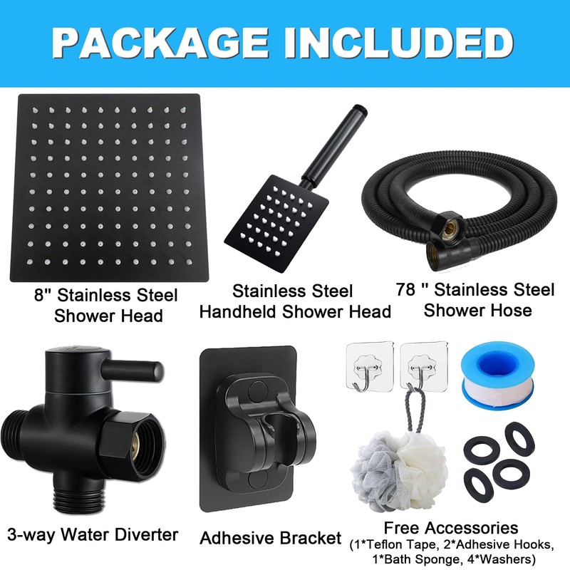 Black Shower Head and Handle Set All Metal, 8'' High