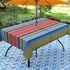 bnhjsdw - Mantel para exteriores con estampado de tiras con agujero para paraguas para mesa rectangular, mantel impermeable y colorido para patio con cierre, 60 x 120 pulgadas