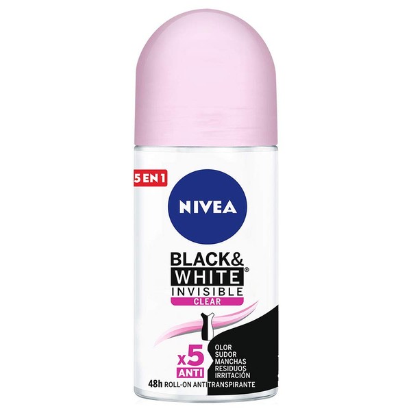NIVEA Desodorante Antimanchas para Mujer, Invisible Clear (50 ml), Fórmula anti manchas, anti olor, anti sudor, anti irritación y anti residuos 48 horas Protección Antitranspirante Roll On