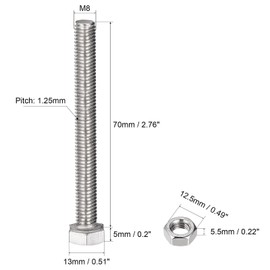 TOP-VIGOR 10Pcs M8 x 70mm Hex Head Screws Bolts, Nuts, Flat & Lock Washers Kits, 304 Stainless Steel Fully Thread Hexagon Bolts for DIY Bike Motorcycles Repair