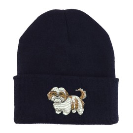 Trendy Apparel Shop Shih Tzu Embroidered Made in USA Cuff Folded Acylic Knit Winter Beanie Hat - Black