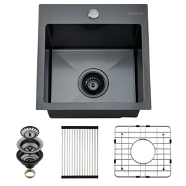 EcoChannels Drop In Kitchen Sink, 15 x 15 Inch Single Bowl Topmount Bar Prep Sink 16 Gauge T-304 Stainless Steel Gunmetal Black Kitchen Sinks