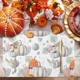 Fall Placemats for Dining Table Watercolor Pumpkins Happy Thanksgiving Table Mats Washable Autumn Outdoor Indoor Placemats for Home Fall Holiday Decor, Set of 6